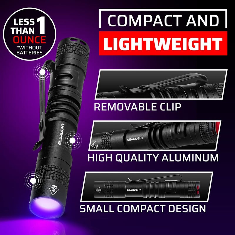 GearLight UV Flashlight S50-365 nm Mini Blacklight Ultraviolet Pen Flashlights for ID Check, Leak AC Detection, Resin Curing - Pet Urine, Scorpion, Stain Handheld Detector - (Pocket Light) - 2 Pack - Image 3